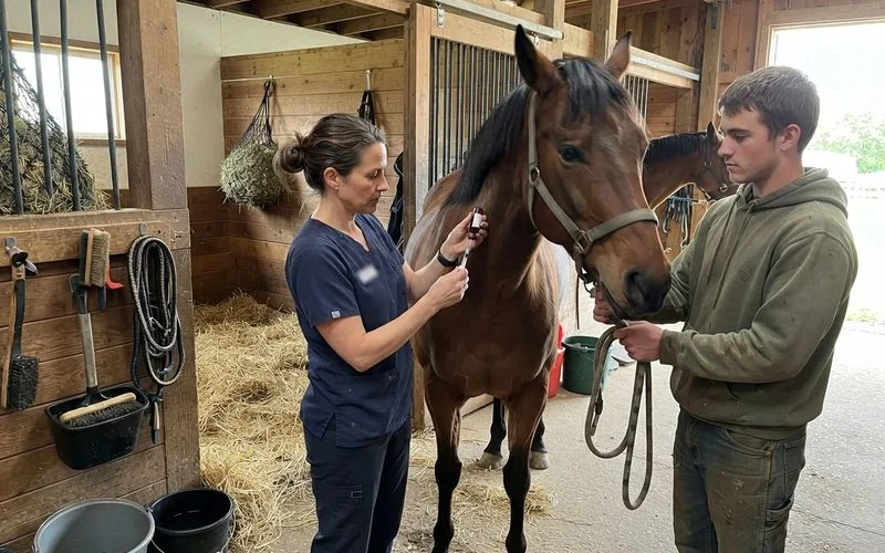 A veterinarian drawing a blood sample from a horse's neck in a stable setting for a Coggins test