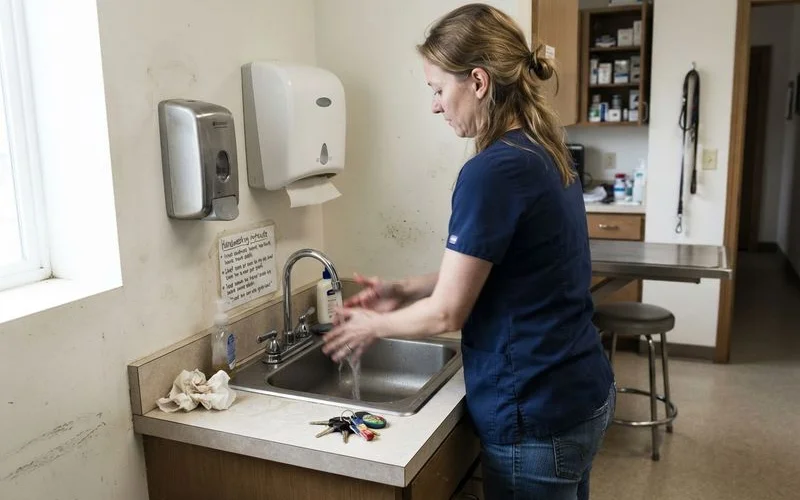 A person washing their hands at a kitchen sink with a dog waiting nearby after a walk outside