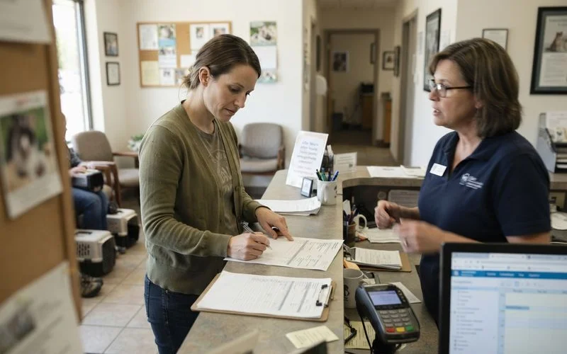 A veterinary receptionist reviewing an itemized invoice with a pet owner at the front desk counter before checkout