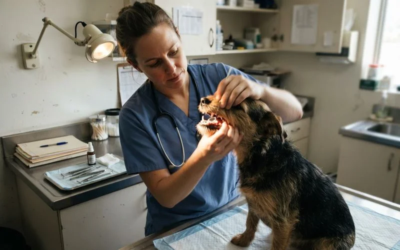 A veterinary dental technician examining a dog's teeth and gums with a dental probe before a scheduled cleaning
