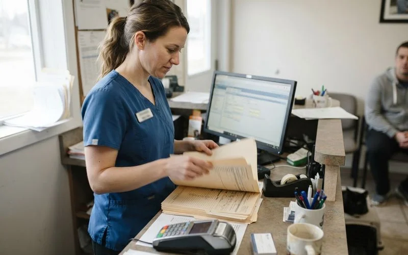 A pet owner reviewing printed veterinary medical records at a table, checking dates and treatment notes closely