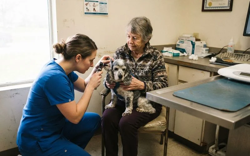 An older adult sitting with a small dog in a veterinary waiting room, reviewing paperwork calmly