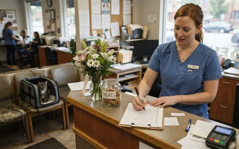 A Denver veterinary clinic waiting room with a receptionist checking in a pet owner and their cat carrier
